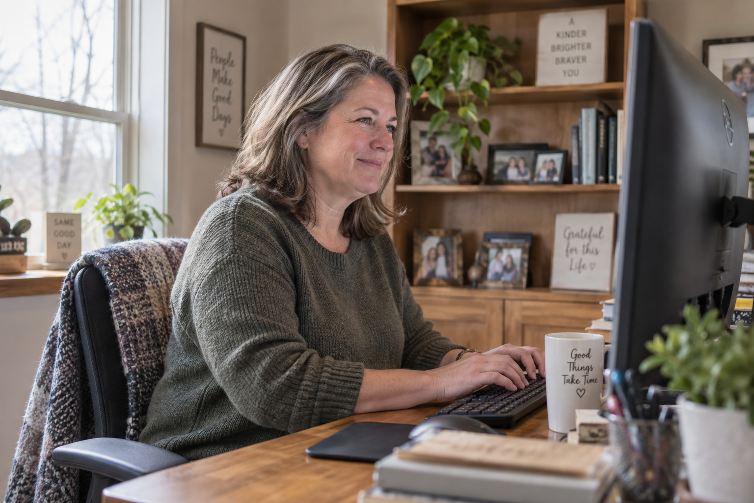 Woman at desktop computer